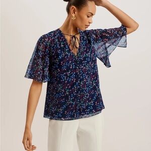 Ted Baker London Neliann Split Sleeve Top With Neck Tie Navy NWT